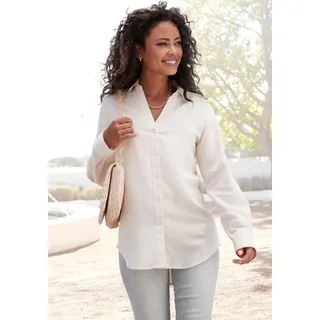 Hemdbluse LASCANA "mit V-Ausschnitt aus weicher Webware mit Leinenanteil", Damen, Gr. 38, beige (natur), Web, Obermaterial: 58% Viskose, 28% Baumwolle, 14% Leinen, unifarben, figurumspielend hüftbedeckend, V-Ausschnitt, 2-Knopf-Manschette, Blusen Hemdbluse, Damenbluse mit langen Ärmeln, lockere Leinenbluse, Sommerbluse, Topseller