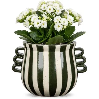 Keramik Übertopf Dekorativer Pflanzentopf Gestreifter Blumentopf Vase | 16 cm Grün-Weiß Handgefertigte Optik Ohne Abflussloch 2-in-1 Übertopf & Vase mit 3-Fach Henkel Glasierte Oberfläche