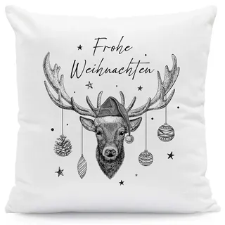 GRAVURZEILE Kissen mit Weihnachtsmotiv - Frohe Weihnachten Hirsch - Weihnachtsdeko - Geschenke für Frauen und Männer - Zur Weihnachtszeit zum Wichteln und als Geschenk für Sie & Ihn - Mit Füllung