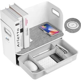 Schreibtisch-Organizer mit kabelloser Qi Aufladung, Schublade und Buchstütze Organizer für Büroutensilien Qi Ladestation Büro-Organizer Büroablage bis 10kg Weiß - Weiß