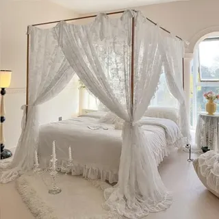 Elegante Spitze, Prinzessin, 4 Eckpfosten, Moskitonetz, romantisch, für Mädchen und Frauen, Bettvorhang, Baldachin für Erwachsene, Hochzeit, Schlafzimmer, Kinderzimmer, Dekoration