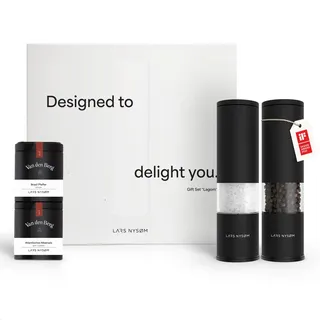 LARS NYSØM Gewürzmühlen & Gewürze Geschenkset - Salz und Pfeffermühlen Set mit 2 hochwertigen Gewürzdosen (Salz, Pfeffer) - Durch schöne Geschenkbox eine tolle Geschenk Idee (Carbon Black)