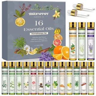 Migcaput Ätherische Öle Set 16X10ml, Naturrein Essential Oils, Aromatherapie Duftöle für Diffuser Luftbefeuchter Kerzen Seifen - Weihrauch, Teebaum, Zitronengras, Pfefferminze, Gewürznelke