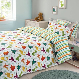 DREAMSCENE Bettbezug, Kissenbezug, Bettwäsche-Set für Jungen und Mädchen, Dinosaurier, wendbar, gestreift – Doppelbett