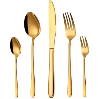 HONKKU 30 Teilig Gold Besteck Set, Edelstahl Besteckset für 6 Personen, Essbesteck Set mit Abendessen Messer, Gabeln und Löffeln für Zuhause/Restaurant/Party/Bankett, Rostfrei Spülmaschinenfest