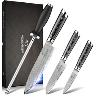 NANFANG BROTHERS Damaskus Messer Set, Japanisches Messer Set, Chefs Messer Sets Professional, 4-teiliges Küchenmesser Set, 8" Küchenmesser, 5" Santoku Messer,3.5" Paring Messer und Schärfer