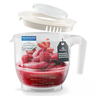 RoyalFay® Messbecher 2,2L weiß – Rührbecher mit Deckel und Spritzschutz – Mixbecher mit Stopboden, Liter- und Cup-Skala – Rührschüssel für Backen, Kochen und Frischhalten
