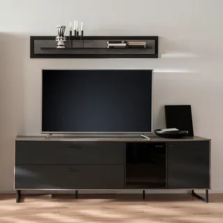 TV Lowboard mit Wandboard in schwarz mit Eiche VARAZZE-05 modern - Schwarz