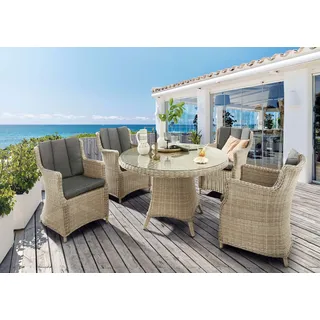 Destiny Garten-Essgruppe »LUNA« Set, 4 Sessel, Tisch Ø 100x75cm, Auflagen, 13 Stk. tlg. Aluminium, Polyrattan, beige