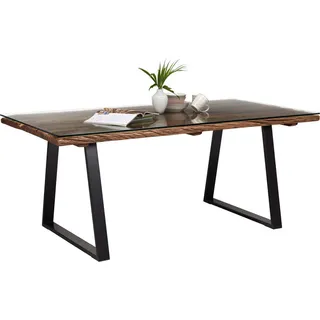 Ambia Home Esstisch , Naturfarben, Schwarz , Holz, Metall, Glas , Recyclingholz , massiv , rechteckig , U-Form , 95x76x190 cm , Holzmöbel, Holztische, Esstische Holz, Massivholztische