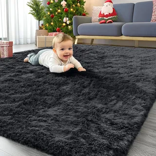Homaxy Hochflor Flauschig Teppich Anti-Rutsch Unterseite Waschbar Groß Teppiche fürs Wohnzimmer, Kinderzimmer, Schlafzimmer - 160 x 220 cm, Schwarz
