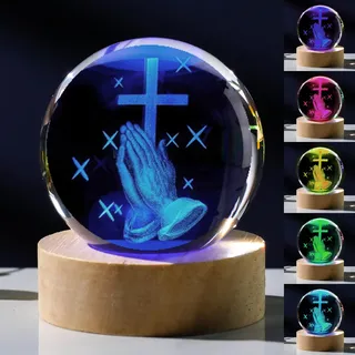 Sunwuun 3D Kristallkugel Nachtlicht - Betende Glaskugel mit Holzsockel, USB-Stromversorgung, Kreuz- & Jesus-Design, Religiöse Geschenke für Christliche Geschenkideenjesus Geschenk (Beten)