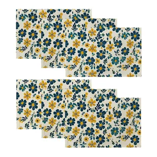 QIYI Boho Tischsets 6er-Set, 45x30 cm Abwaschbare Platzsets in Leinenoptik, Rustikale Vintage Tischsets, Hitzebeständige Florale Tischdekoration, Aquarell Blaue und Gelbe Blumen