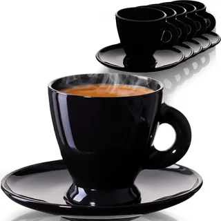 PLATINUX Espressotassen Set – 6 schwarze Espressogläser mit Untertassen aus Glas 93 ml – Kaffeegläser Kaffeetassen
