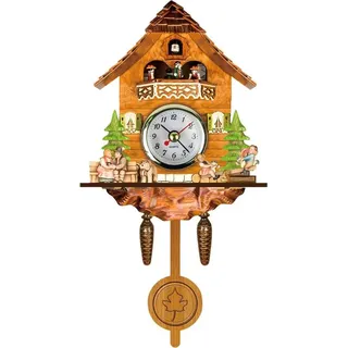 Antike Wanduhr in Form eines Kuckuckshauses aus Holz, hängende Kuckucksuhr mit automatischer Schwingung und Pendel - Braun