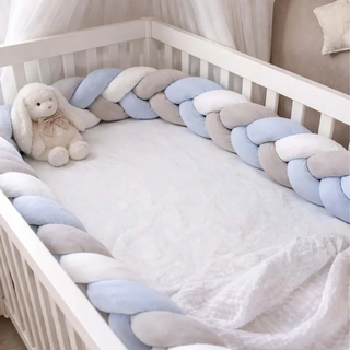 Relaxdays Bettschlange Grau Blau geflochten 220 cm , Multicolor, Hellblau , Textil, Kunststoff , 10x220 cm , Schlafen, Babybettausstattung, Babynestchen & Nestchenschlangen