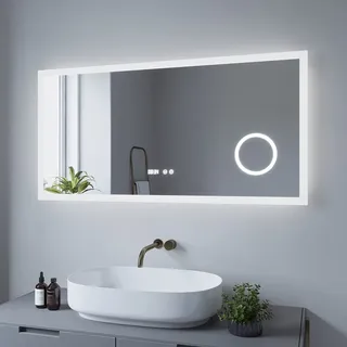 AQUABATOS Badspiegel mit Beleuchtung 120x60 cm badezimmerspiegel Lichtspiegel LED Wandspiegel, Touch-Schalter Dimmbar, Kaltweiß 6400K, Schminkspiegel, Anti-beschlag, Digital Uhr | ECHOS Typ D