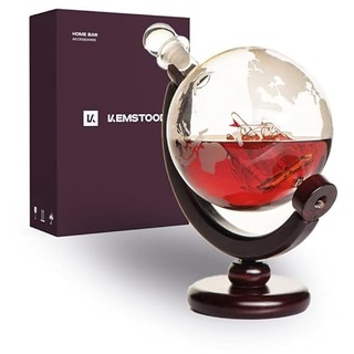 Kemstood Whisky Karaffe Globus Set (850 ml) - Edler Whiskey Decanter mit Gläser, Holzständer und eingravierte Weltkarte - Whisky Geschenkset/Geschenke für Männer die alles haben, Whisky Dekanter