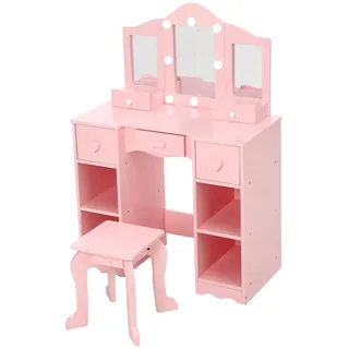 GarveeLife Schminktisch für Kinder, Schminktisch mit Hocker, 3 LED-Spiegel und 5 Schubladen, Schminktisch aus Holz für kleine Mädchen von 3 bis 6 Jahren – 70 x 34 x 100 cm, Rosa