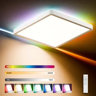 LQWELL® LED Deckenleuchte Dimmbar mit Fernbedienung, 24W 2500LM 3000-6500K RGB LED Deckenlampe, Quadrat Flache Deckenbeleuchtung IP44 für Wohnzimmer Schlafzimmer Esszimmer Balkon Korridor, 300 * 40mm