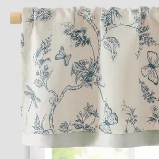 TOPICK Leinen Scheibengardinen Blickdicht Küchengardinen Frühling Landhausstil Gardinen Schmetterling Verdunkelnd Vorhänge Kurz Bistrogardine Volant Fenster 1er Pack Blau auf Beige 40H x 125B(cm)