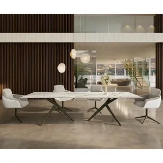 DELIFE Esstisch Edge 300x100 Keramik Calacatta Luxe Weiß-Gold-Grau Estelar rund Metall Effektfinish Titan