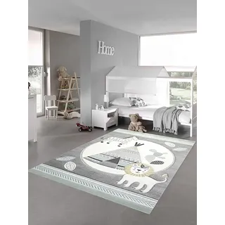 Teppich-Traum Kinderzimmer Teppich Spielteppich Indianer Zelt Löwe Zebra Kaktus grau Creme gelb Größe 80x150 cm