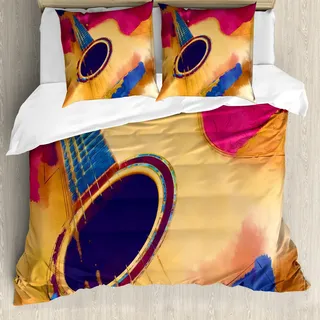ABAKUHAUS Gitarre Bettbezug Set, Abstrakte Zeichenketten-Muster-Aquarell-Effekt Vintage Inspirationen, 200 x 200 cm + 80 x 80 cm, Violet Blue Magenta
