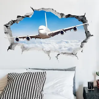 SUPERDANT 3D Flugzeug Wandtattoo Durchbruch Dekor Wandsticker Wandaufkleber Für Jungenzimmer Kinderzimmer Wohnzimmer Spielzimmer Dekoration Großformatiges Abziehbares Vinyl Wandbild Aviatik Geschenk