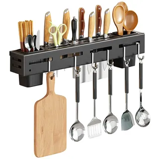 VBNZBK Rostfreier Stahl Hakenleiste Küche, Wandmontiertes Küchenutensilien Organizer Rack mit 6 Haken, Selbstklebende Küchenhakenleiste ohne Bohren für Küchenutensilien, Küchenhelfer, Kochzubehör