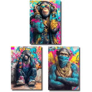 3 Affen Poster 3er Set – Nichts sehen, hören, sagen – Street Art Pop Art Wanddeko DIN A2 – Graffiti Bilder mit Style – Lustige Deko fürs Wohnzimmer, Büro oder Jugendzimmer