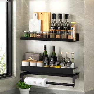 ITHKFU Gewürzregal,Wand Küchenhalterung ohne Bohren,2er Set 40cm Hängend Mit Küchentuchhalter, Küchenregal organizer für Gewürze,304Edelstahl, Schranktür für Bad und Küche,schwarz
