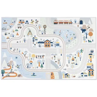 Janod - Teppich Auto Kinder - Thema Berge Winter - Weich & rutschfest - Motiv Sport & Tal - Spielteppich Zimmer Mädchen & Jungen - 120 x 78cm - Handwaschbar - Ab 2 Jahre - J05940
