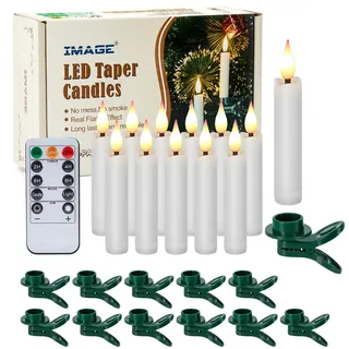 IMAGE 12PCS LED Stabkerzen Set Batteriebetriebene Schwimmkerzen, Flammenlose 3D Docht Elfenbein Kerzen mit Clip-on, 10-Tasten-Fernbedienung mit Timer, Party Tisch Weihnachtsbaum Deko, Warmweißes Licht