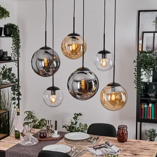 HOFSTEIN Hängeleuchte Gastor, 6-flammige Hängelampe aus Metall/Glas in Schwarz/Bernstein/Rauch/Klar, Retro/Vintage-Design (Ø 20; 25; 30cm), E27, Pendelleuchte max. 136cm, Esszimmer, Wohnzimmer, Küche