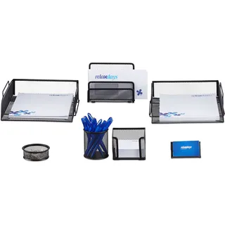 Relaxdays Schreibtisch Organizer Set, 7-teilig, Metall, Schreibtisch-Set, Briefablage, Zettelbox, Stifteköcher, schwarz, 35.5 x 27.5 x 9 cm