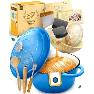 Gusseisen Topf Brot Backen emailliert im XXL Set - Brotbackform mit Deckel inkl Gärkorb, Schneebesen, Bäckermesser, Teigschaber, Brotschlinge etc. Perfektes Brotbacktopf Set für Anfänger