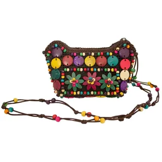 Bunte Hippie Blumen Handtasche mit Perlen - 17 x 12 cm - Umhängetasche zum Retro 60er 70er Jahre Outfit