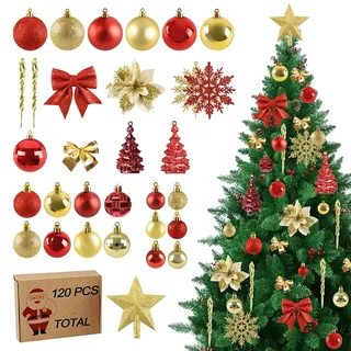 Joyblossom 120 Stück Weihnachtskugeln Set, Weihnachtskugeln Kunststoff mit Baumspitze Stern, Christbaumkugeln Rot Gold mit Aufhängen, Mehrweg Christbaumschmuck für Drinnen und Draußen