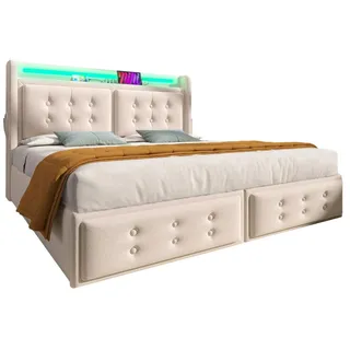 Flieks Polsterbett 180x200cm Doppelbett LED-Kopfteil Usb-C Hydraulik Beige , Holz , 180x200 cm , Schlafzimmer, Betten, Polsterbetten