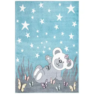 Carpet City Teppich Kinderzimmer Teddy-Bär - Blau, Grau - 160x230 cm, - Kinderteppich Kurzflor mit Sternen, Schmetterlingen - Weicher Flor