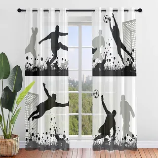 Hiseng Voile Vorhänge mit Ösen Durchsichtig Halbtransparent Ösenvorhang für Fenster Fußball Wohnzimmer Schlafzimmer Moderne Junge Transparent Gardine 2er Set (107x244cm,Weiß)