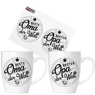 BRUBAKER Beste Oma & Bester Opa der Welt Tassen Set aus Keramik - 2 Kaffeebecher 300 ml - Kaffeetassen mit Grußkarte und Geschenkpackung