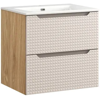 Vivaldi Badezimmer Set mit Wandregal, zwei Schubladen und Waschbecken "Prest XVII", 60 cm, in Beige - Geölte Eiche. - Beige, Weiß