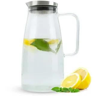 Intirilife Karaffe in KLAR - 1,2l Krug aus Borosilikatglas mit Henkel und Deckel geeignet für heiße und kalte Getränke, Tee, Kaffee, Wasser