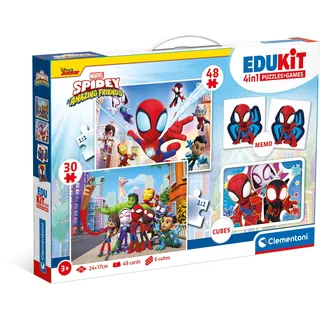 Clementoni Edukit 4 in 1 Spidey and His Amazing Friends (Memo, Puzzle 30 und 48 Stücke, 6 Würfel), pädagogische, für Kinder, Memory und Logik-Spiel, Hergestellt in Italien, Multicolor - 18295