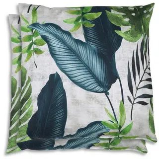 Zierkissenset , Blau, Grün, Hellgrau , Textil , 2-teilig , Blätter , Füllung: Polyester, Hohlfaser , quadratisch , 48x48 cm , Oeko-Tex® Standard 100 , pflegeleicht, hochwertige Qualität, langlebig, für den Außenbereich geeignet , Gartenmöbel, Gartenpolster & Auflagen, Gartenkissen