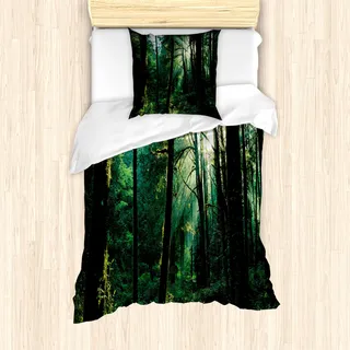 ABAKUHAUS Natur Mantele, Sonnenuntergang in Woods Bäume, Milbensicher Allergiker geeignet mit Kissenbezügen, 135 cm x 200 cm - 80 x 80 cm, Waldgrün Blassgelb - Grün