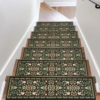 Homcomodar 15PCS Stufenmatten Innen 76x20cm Vintage Treppenstufen Matten,Rutschschutz Treppenteppich für Holzstufen,Gummirücken Stufenteppich Selbstklebend Teppich für Treppenstufen(Blumen/Schwarz)