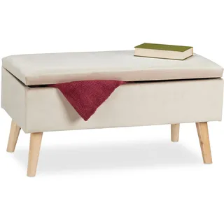 Relaxdays Sitzbank mit Stauraum, Samtbezug, 40 l, gepolstert, Holzbeine, Flur, 2er Truhenbank, 41 x 80 x 40 cm, creme